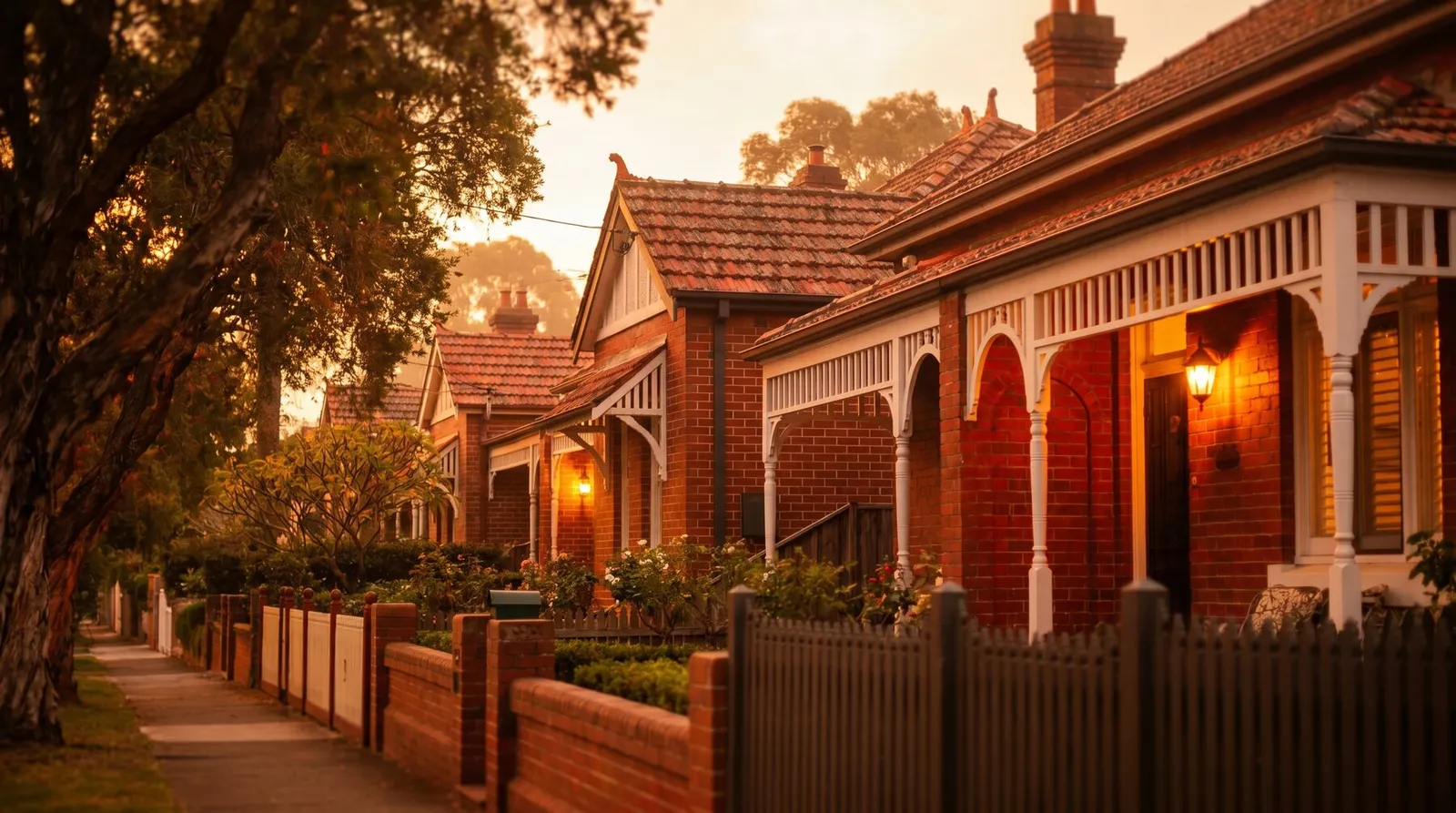 Federation houses on a leafy Croydon street at golden dusk