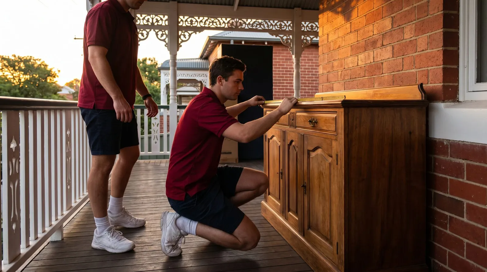 A mover measuring a timber sideboard on a Federation verandah at dusk