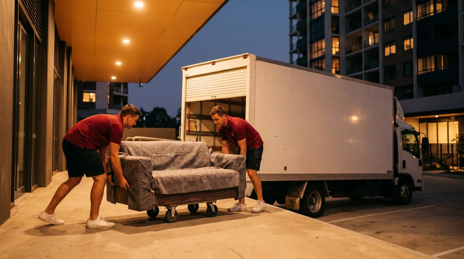 Two movers wheeling a wrapped sofa across an apartment loading dock at dusk