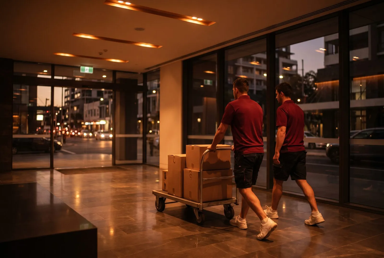 A mover pushing a trolley of cartons across an apartment lobby at dusk