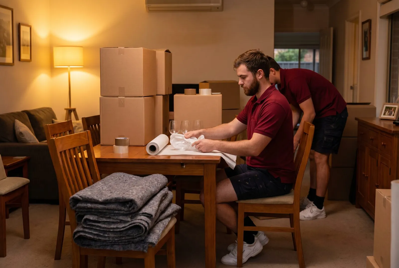 A mover wrapping glassware in packing paper at a dining table beside stacked cartons and felt blankets
